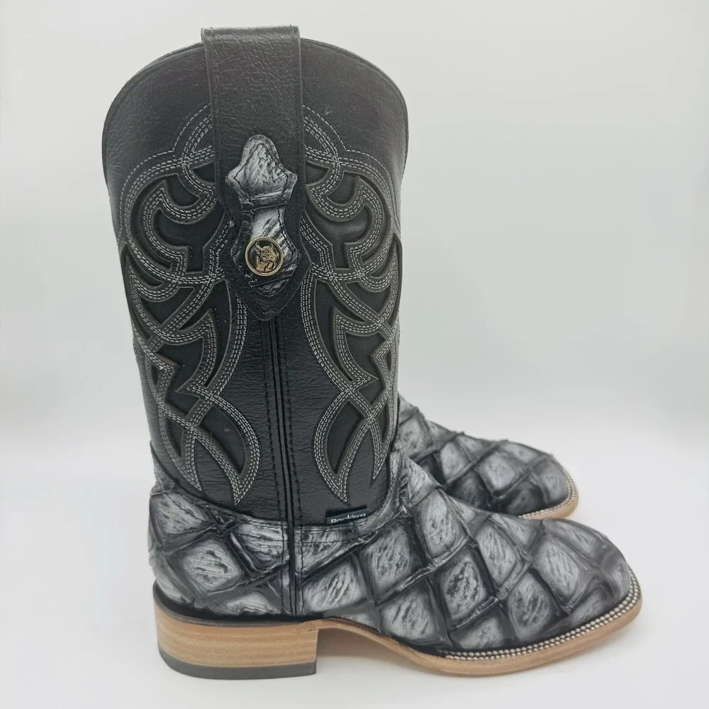 Rock'em Big Bass Print Boots Men's Size 7.5 EE‎ Black Leather  Square Toe